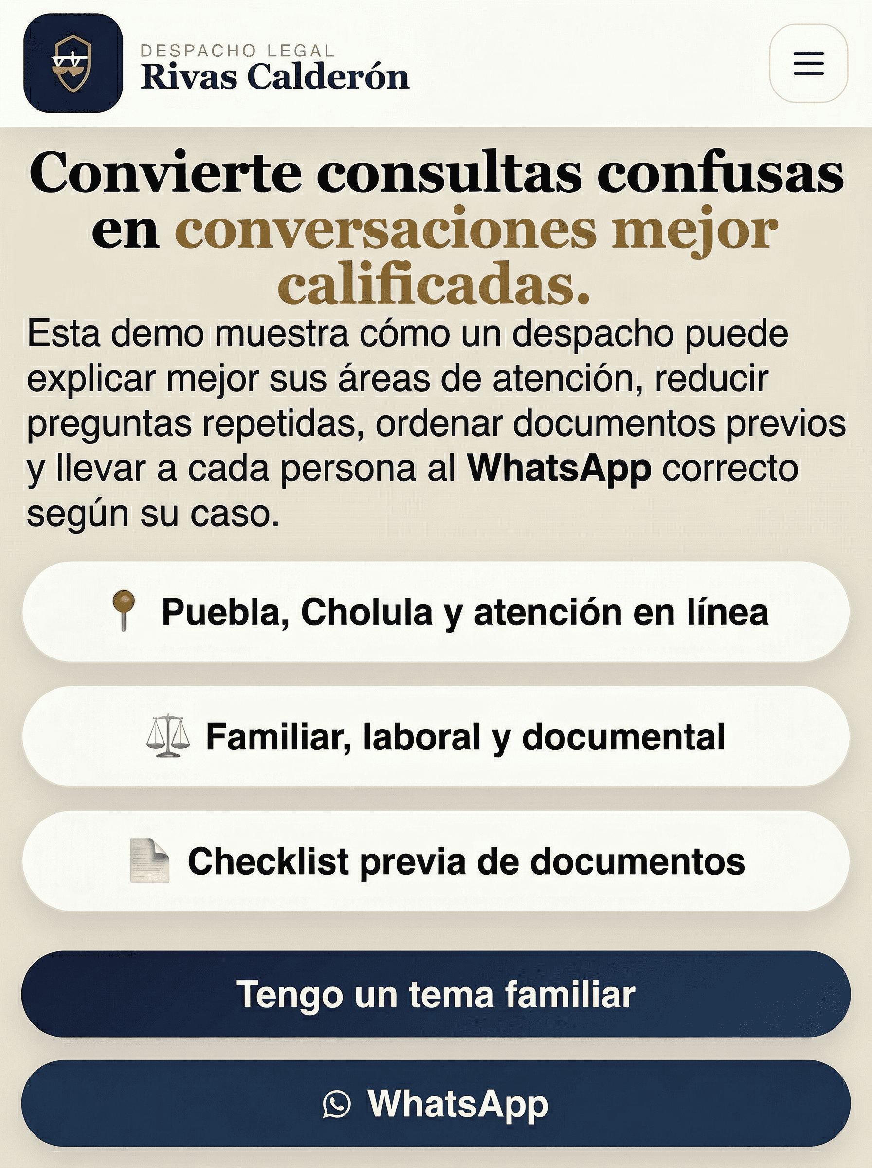 Vista genérica de la landing móvil de Sistema Menova